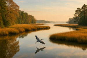 Scenic view of York River State Park trails winding through coastal forest and marshlands with sunlight reflecting on the river.