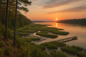 Scenic view of York River State Park trails winding through coastal forest and marshlands with sunlight reflecting on the river.