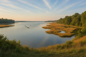 Scenic view of York River State Park trails winding through coastal forest and marshlands with sunlight reflecting on the river.