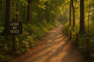 Scenic view of York River State Park trails winding through coastal forest and marshlands with sunlight reflecting on the river.