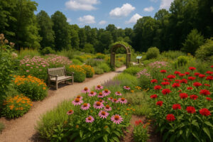 Scenic view of York River State Park trails winding through coastal forest and marshlands with sunlight reflecting on the river.