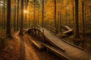 Scenic view of York River State Park trails winding through coastal forest and marshlands with sunlight reflecting on the river.