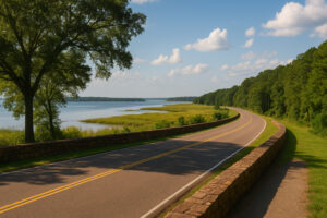 Scenic view of York River State Park trails winding through coastal forest and marshlands with sunlight reflecting on the river.