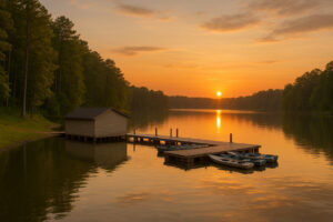 Scenic view of York River State Park trails winding through coastal forest and marshlands with sunlight reflecting on the river.