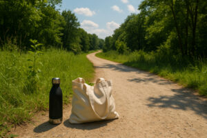 Scenic view of York River State Park trails winding through coastal forest and marshlands with sunlight reflecting on the river.