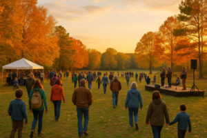 Scenic view of York River State Park trails winding through coastal forest and marshlands with sunlight reflecting on the river.