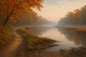 Scenic view of York River State Park trails winding through coastal forest and marshlands with sunlight reflecting on the river.