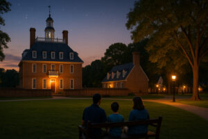 Scenic view of York River State Park trails winding through coastal forest and marshlands with sunlight reflecting on the river.