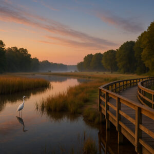 Scenic view of York River State Park trails winding through coastal forest and marshlands with sunlight reflecting on the river.