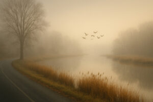 Scenic view of York River State Park trails winding through coastal forest and marshlands with sunlight reflecting on the river.