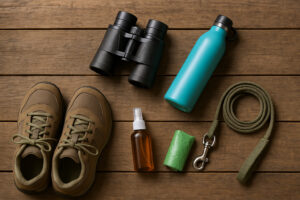 Scenic view of York River State Park trails winding through coastal forest and marshlands with sunlight reflecting on the river.
