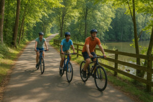 Scenic view of York River State Park trails winding through coastal forest and marshlands with sunlight reflecting on the river.