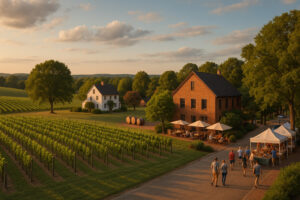 Vineyards and tasting rooms at Williamsburg wineries surrounded by rolling hills and sunshine in Virginia’s wine country.