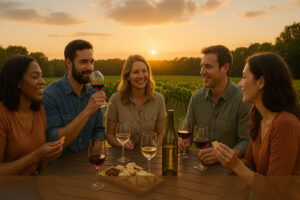 Vineyards and tasting rooms at Williamsburg wineries surrounded by rolling hills and sunshine in Virginia’s wine country.