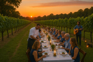 Vineyards and tasting rooms at Williamsburg wineries surrounded by rolling hills and sunshine in Virginia’s wine country.