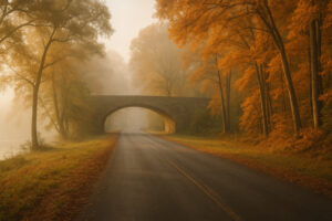 Morning mist rising over the James River along the Colonial Parkway scenic drive, showcasing Virginia&rsquo;s historic route through forests and waterways.