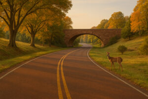 Morning mist rising over the James River along the Colonial Parkway scenic drive, showcasing Virginia&rsquo;s historic route through forests and waterways.