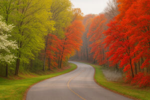 Morning mist rising over the James River along the Colonial Parkway scenic drive, showcasing Virginia&rsquo;s historic route through forests and waterways.