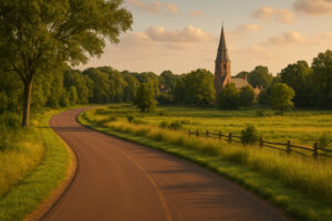 Morning mist rising over the James River along the Colonial Parkway scenic drive, showcasing Virginia&rsquo;s historic route through forests and waterways.
