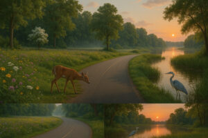 Morning mist rising over the James River along the Colonial Parkway scenic drive, showcasing Virginia&rsquo;s historic route through forests and waterways.