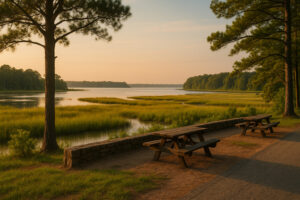 Morning mist rising over the James River along the Colonial Parkway scenic drive, showcasing Virginia&rsquo;s historic route through forests and waterways.