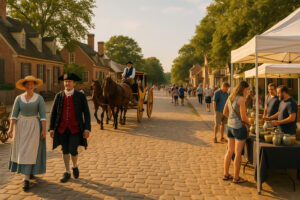Morning mist rising over the James River along the Colonial Parkway scenic drive, showcasing Virginia&rsquo;s historic route through forests and waterways.