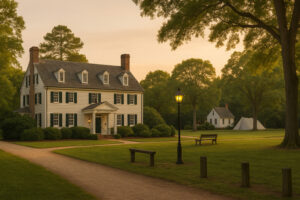 Morning mist rising over the James River along the Colonial Parkway scenic drive, showcasing Virginia&rsquo;s historic route through forests and waterways.