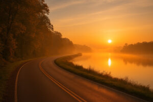 Morning mist rising over the James River along the Colonial Parkway scenic drive, showcasing Virginia&rsquo;s historic route through forests and waterways.