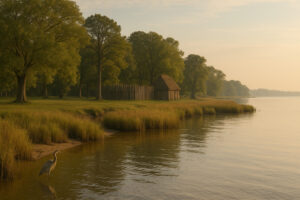 Reconstructed wooden fort and colonial houses representing Jamestown settlement history, capturing early American life along the James River.