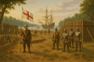 Reconstructed wooden fort and colonial houses representing Jamestown settlement history, capturing early American life along the James River.