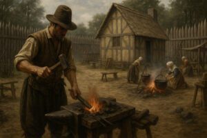 Reconstructed wooden fort and colonial houses representing Jamestown settlement history, capturing early American life along the James River.