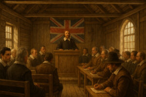 Reconstructed wooden fort and colonial houses representing Jamestown settlement history, capturing early American life along the James River.