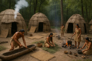 Reconstructed wooden fort and colonial houses representing Jamestown settlement history, capturing early American life along the James River.