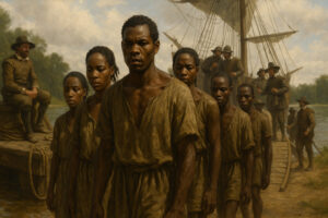 Reconstructed wooden fort and colonial houses representing Jamestown settlement history, capturing early American life along the James River.