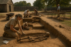 Reconstructed wooden fort and colonial houses representing Jamestown settlement history, capturing early American life along the James River.
