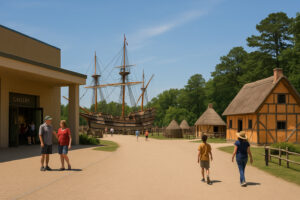 Reconstructed wooden fort and colonial houses representing Jamestown settlement history, capturing early American life along the James River.