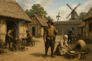 Reconstructed wooden fort and colonial houses representing Jamestown settlement history, capturing early American life along the James River.