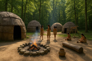 Reconstructed wooden fort and colonial houses representing Jamestown settlement history, capturing early American life along the James River.