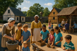 Reconstructed wooden fort and colonial houses representing Jamestown settlement history, capturing early American life along the James River.