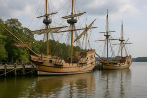 Reconstructed wooden fort and colonial houses representing Jamestown settlement history, capturing early American life along the James River.
