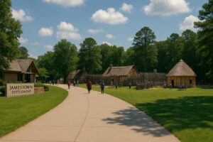 Reconstructed wooden fort and colonial houses representing Jamestown settlement history, capturing early American life along the James River.
