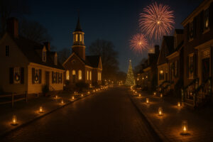 Fireworks lighting up the night sky during the Grand Illumination Williamsburg event, with colonial buildings glowing by candlelight.