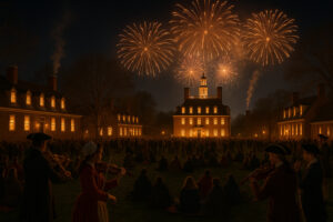 Fireworks lighting up the night sky during the Grand Illumination Williamsburg event, with colonial buildings glowing by candlelight.