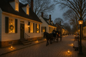 Fireworks lighting up the night sky during the Grand Illumination Williamsburg event, with colonial buildings glowing by candlelight.