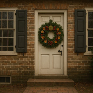 Fireworks lighting up the night sky during the Grand Illumination Williamsburg event, with colonial buildings glowing by candlelight.