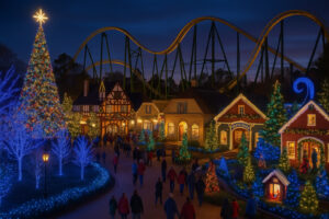 Fireworks lighting up the night sky during the Grand Illumination Williamsburg event, with colonial buildings glowing by candlelight.