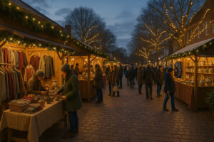 Fireworks lighting up the night sky during the Grand Illumination Williamsburg event, with colonial buildings glowing by candlelight.