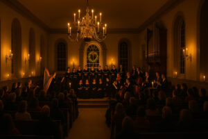 Fireworks lighting up the night sky during the Grand Illumination Williamsburg event, with colonial buildings glowing by candlelight.
