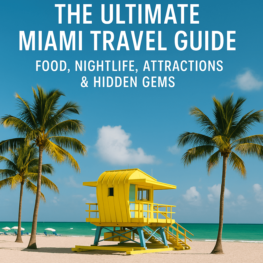 Vibrant Miami beach scene with yellow lifeguard tower, palm trees, turquoise ocean, and title text ‘The Ultimate Miami Travel Guide – Food, Nightlife, Attractions & Hidden Gems’.