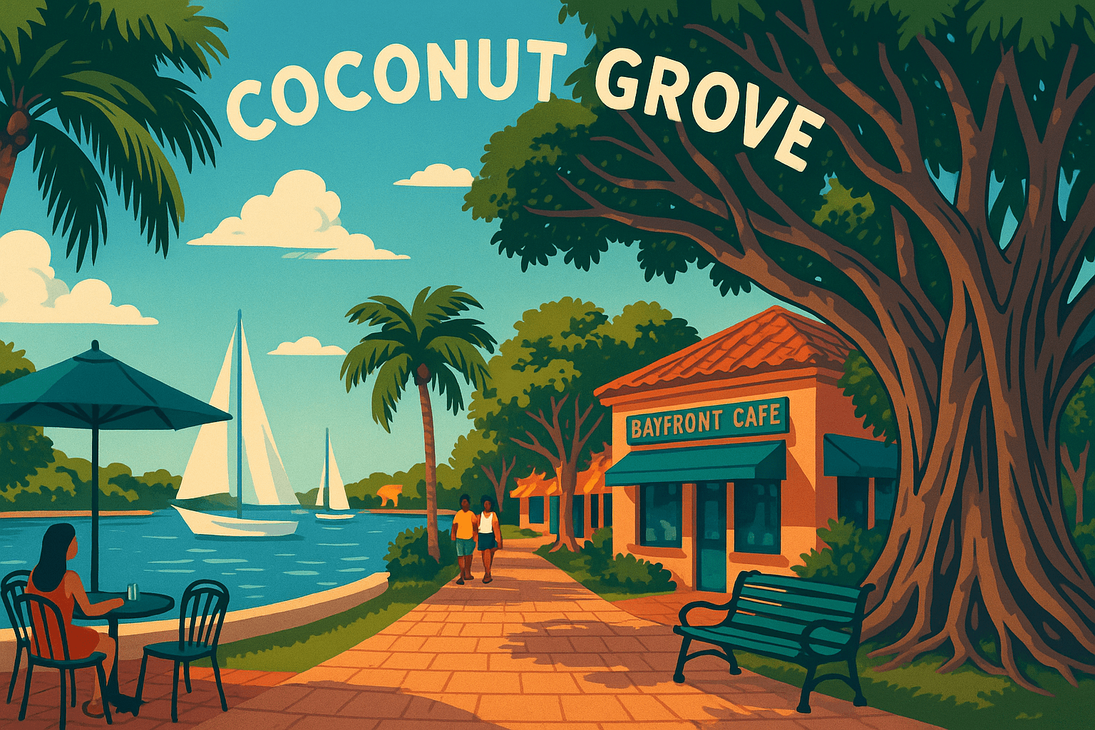 Colorful illustration of Coconut Grove in Miami showing banyan trees, palm-lined bayfront with sailboats, a café terrace, and people strolling along shaded brick-paved paths.